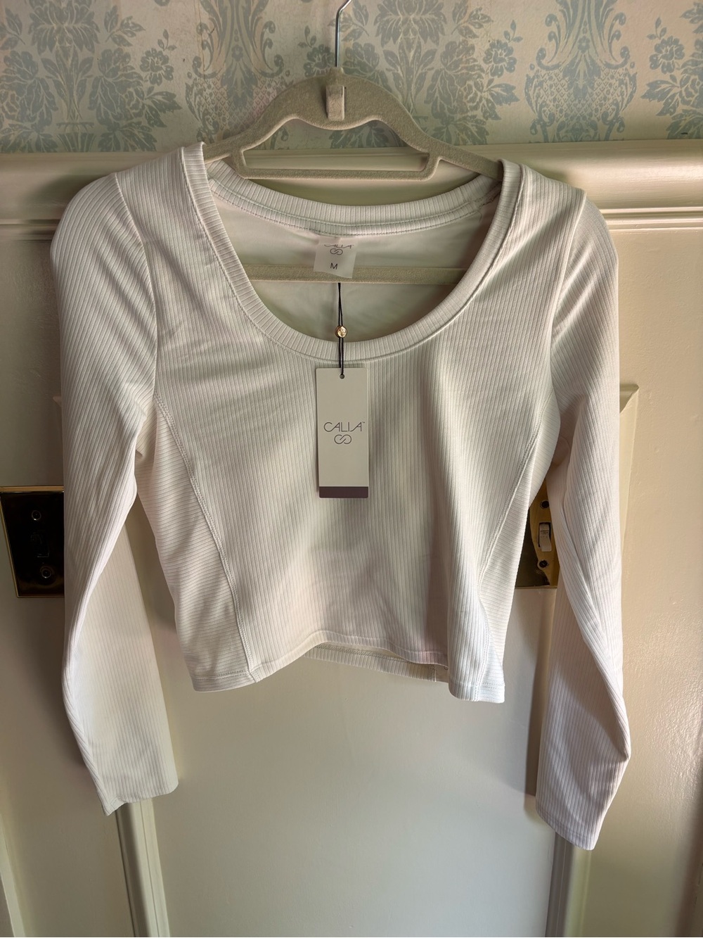 NEW CALIA White Ribbed Long-Sleeve Scoop Neck Crop Top